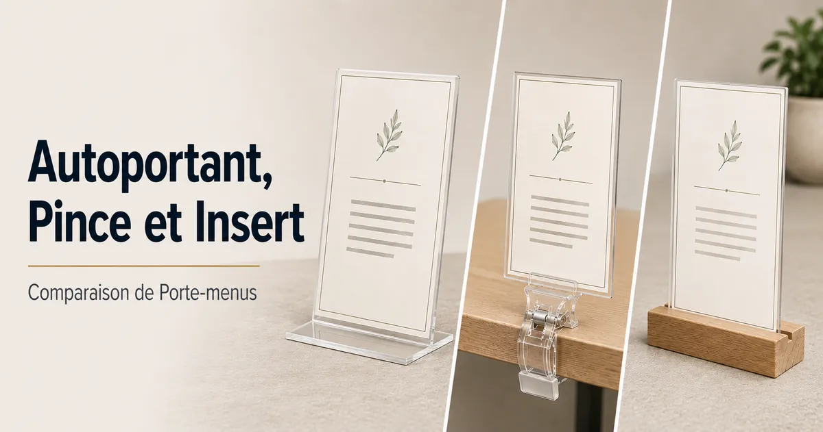 Porte-menus autoportants, à pince et à insert comparés par format de présentation