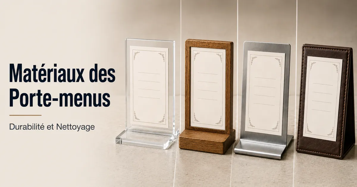 Porte-menus en acrylique, bois, métal et matériaux à aspect cuir