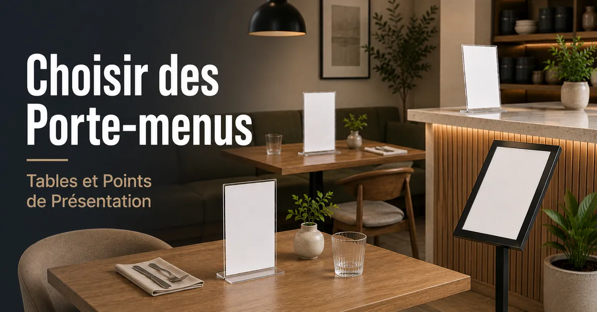 Plusieurs porte-menus répartis sur des tables et points de présentation