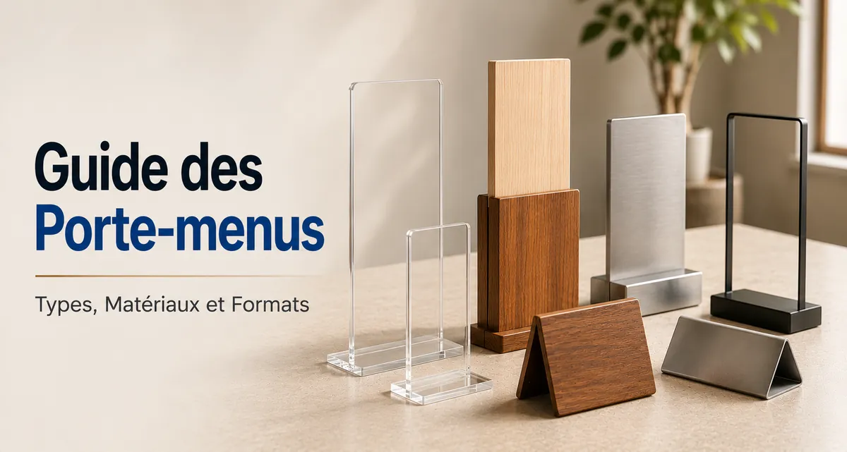 Porte-menus présentés dans différents matériaux, formats et configurations de table