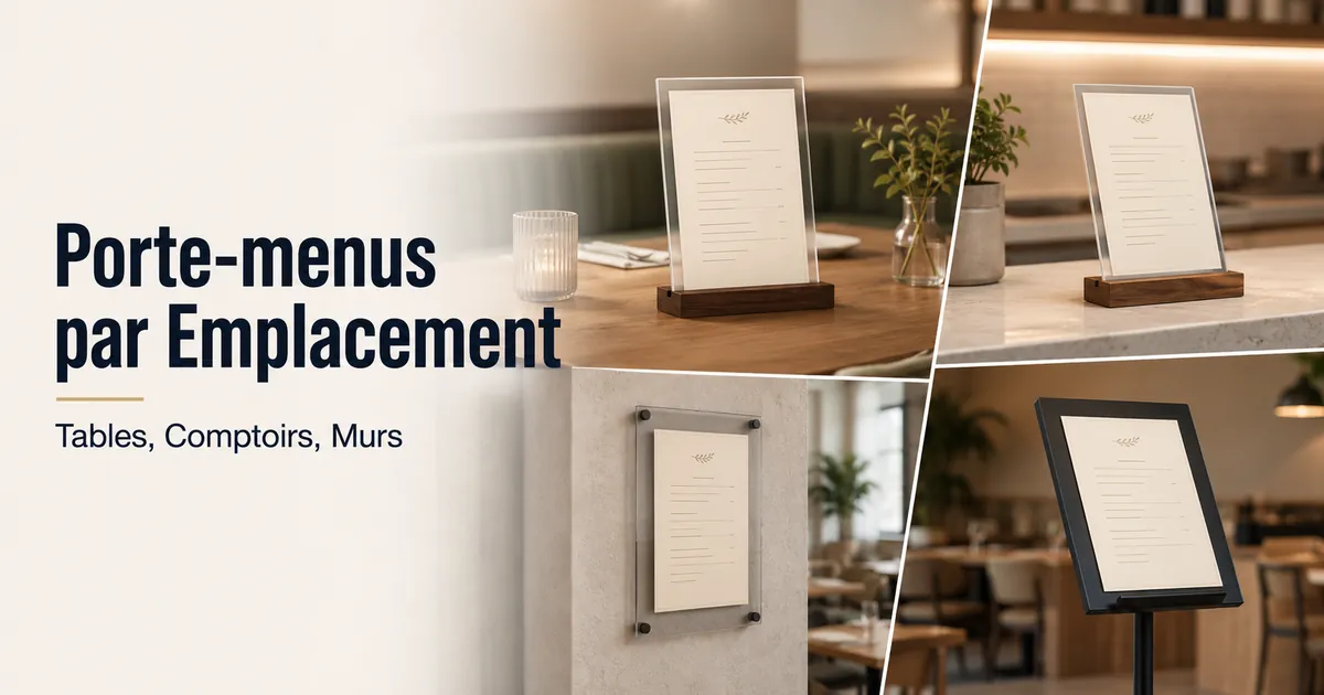 Porte-menus placés sur des tables, comptoirs, murs et présentoirs