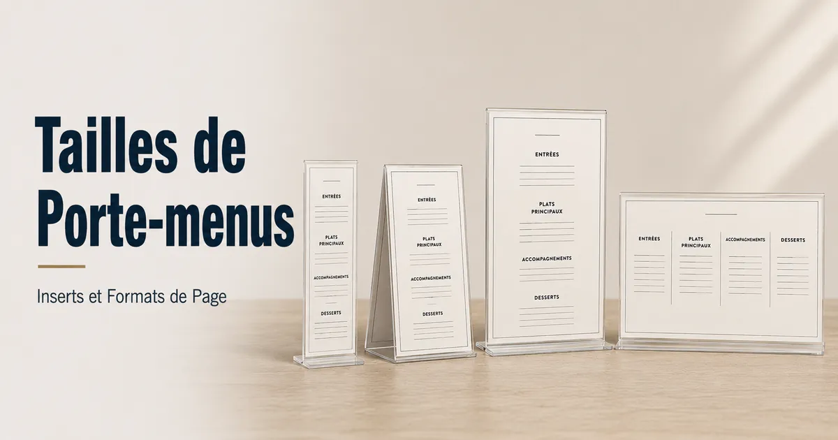 Inserts de porte-menus présentés dans différentes tailles et formats de page