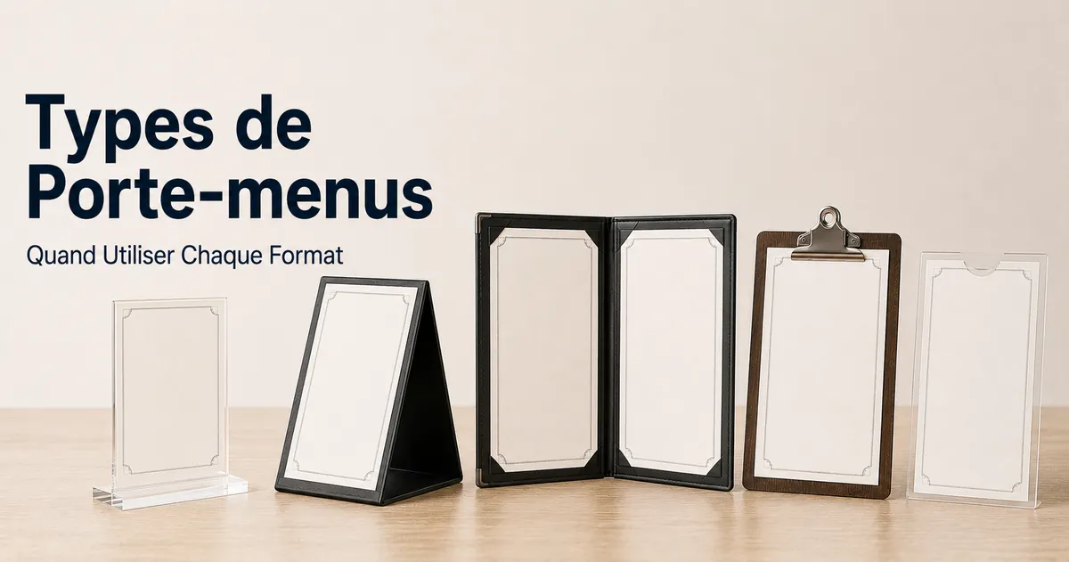 Différents types de porte-menus avec chevalets de table, couvertures, pinces et inserts