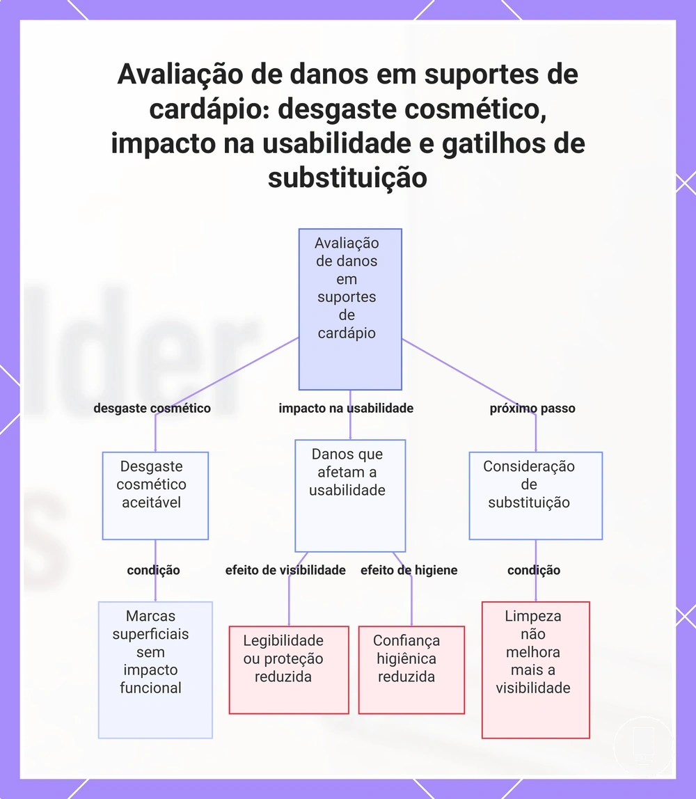 Avaliação de danos em suportes de cardápio: desgaste cosmético, impacto na usabilidade e gatilhos de substituição