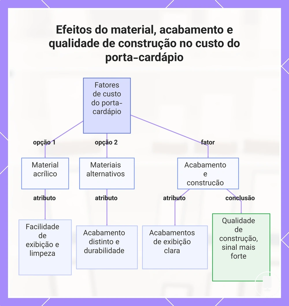 Efeitos do material, acabamento e qualidade de construção no custo do porta-cardápio