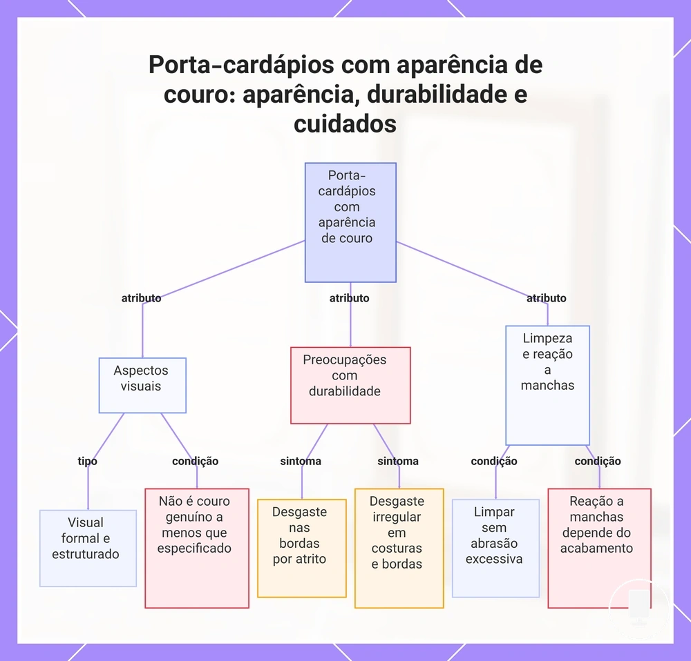 Porta-cardápios com aparência de couro: aparência, durabilidade e cuidados