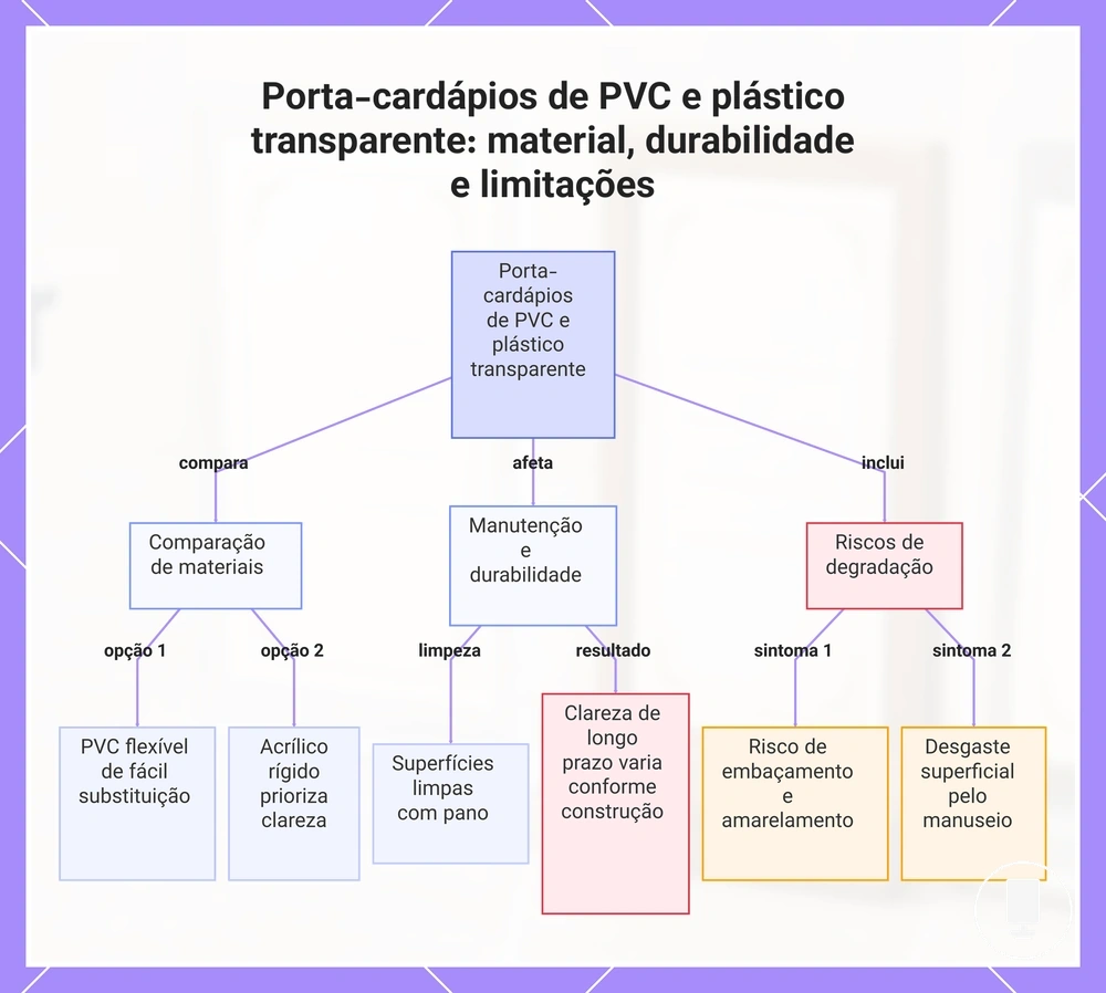 Porta-cardápios de PVC e plástico transparente: material, durabilidade e limitações
