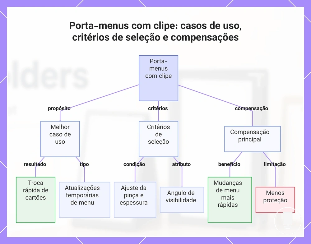 Porta-menus com clipe: casos de uso, critérios de seleção e compensações
