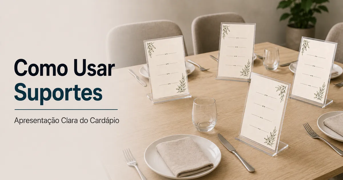 Suportes para cardápios organizados sobre uma mesa para melhorar a visibilidade do cardápio