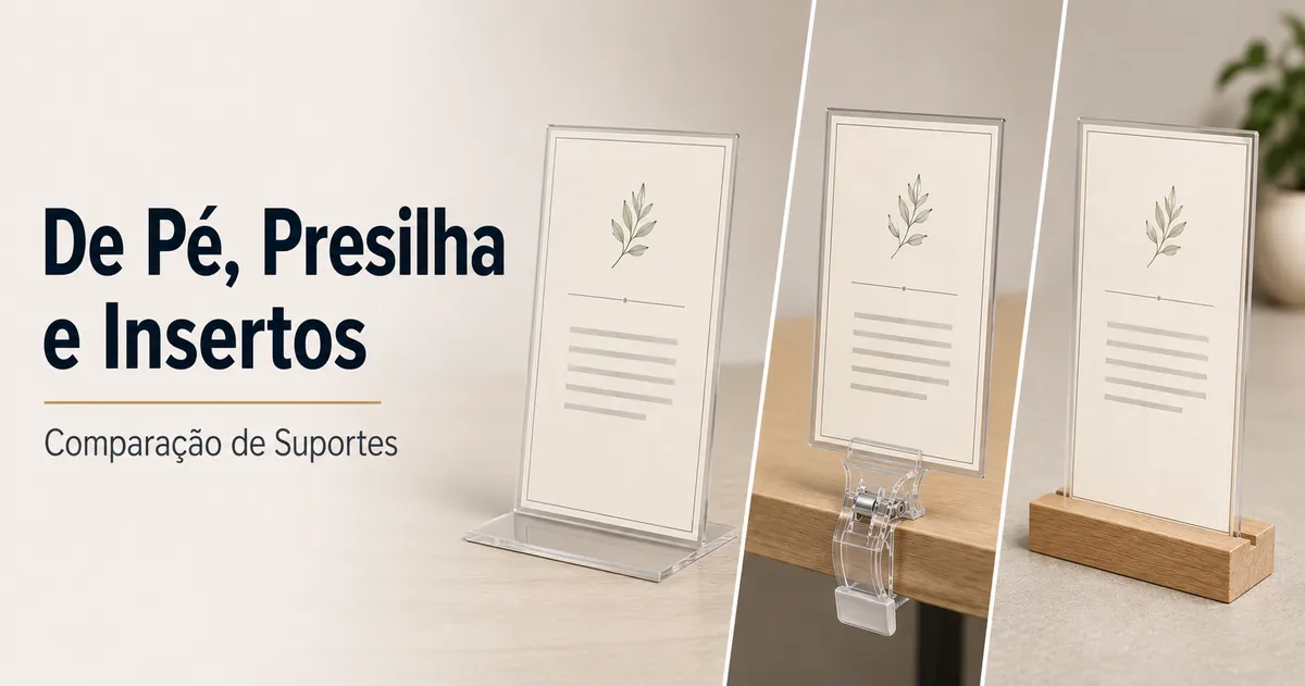 Suportes para cardápios de pé, com presilha e insertos comparados por formato de exposição