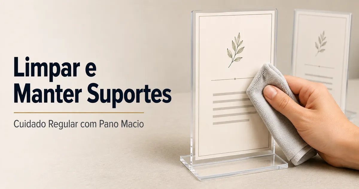 Suportes para cardápios sendo limpos com pano macio para manutenção regular