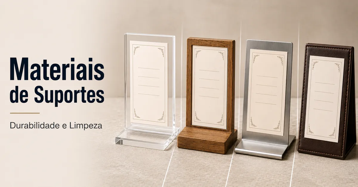 Suportes para cardápios feitos de acrílico, madeira, metal e acabamento tipo couro