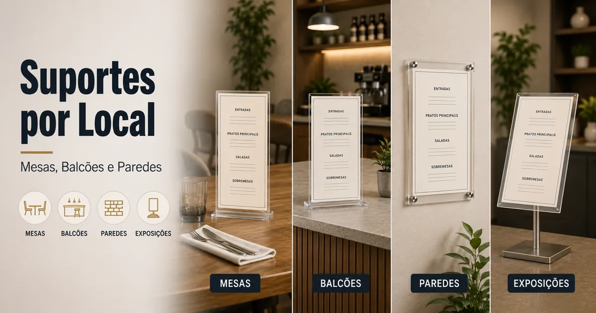 Suportes para cardápios colocados em mesas, balcões, paredes e expositores
