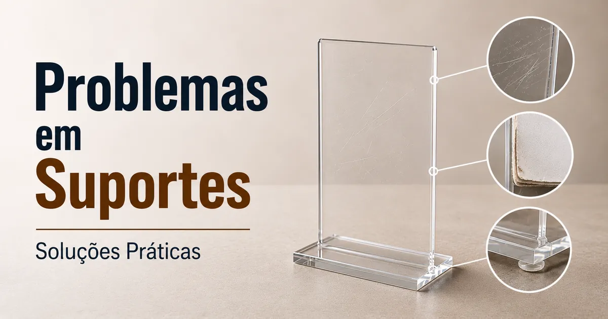 Problemas em suportes para cardápios, incluindo riscos, bases instáveis e insertos desgastados