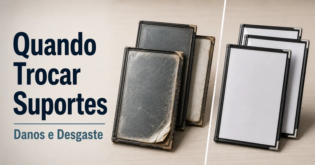 Suportes para cardápios desgastados comparados com suportes novos e limpos