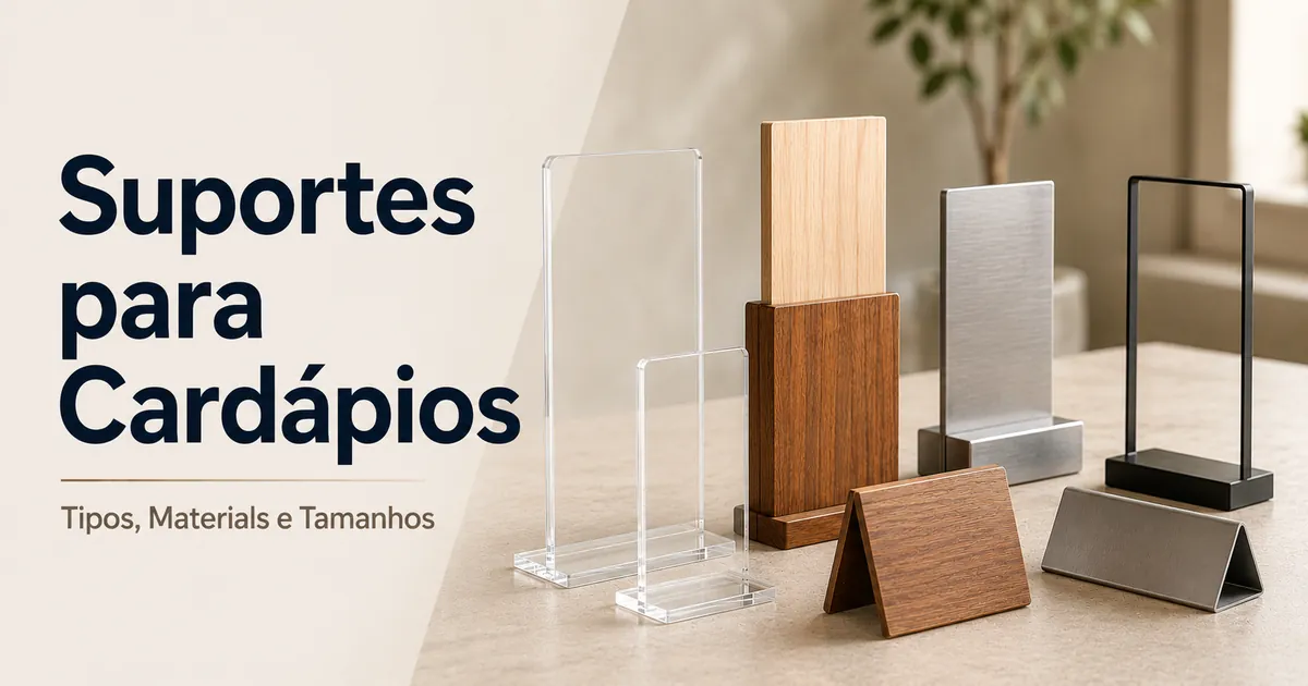 Suportes para cardápios em diferentes materiais, tamanhos e formatos de mesa