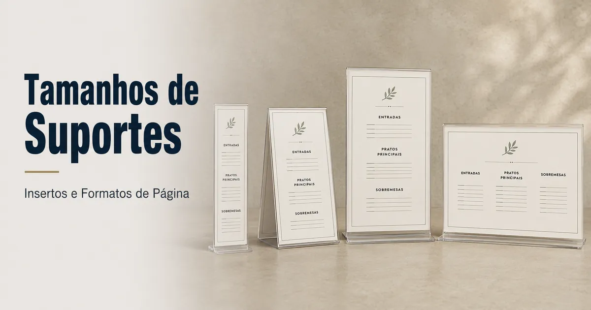 Insertos de suportes para cardápios em diferentes tamanhos e formatos de página