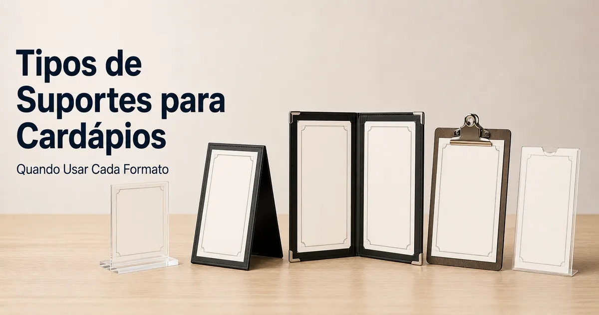Diferentes tipos de suportes para cardápios com bases, capas, presilhas e insertos