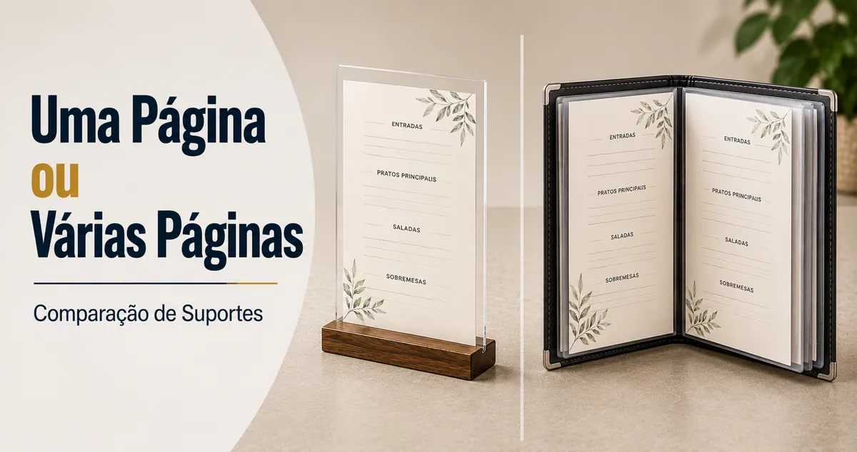 Suportes para cardápios de uma página e de várias páginas exibidos lado a lado