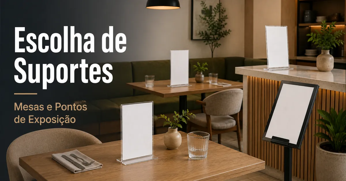 Vários suportes para cardápios distribuídos em mesas e pontos de exposição