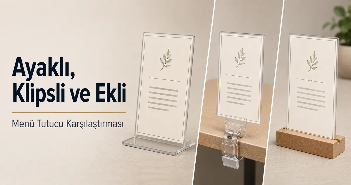 Ayaklı, klipsli ve ekli menü tutucular sergileme formatına göre karşılaştırılıyor