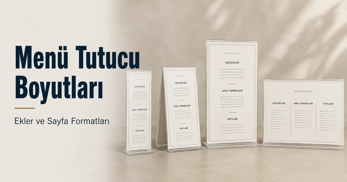 Farklı boyut ve sayfa formatlarında gösterilen menü tutucu ekleri