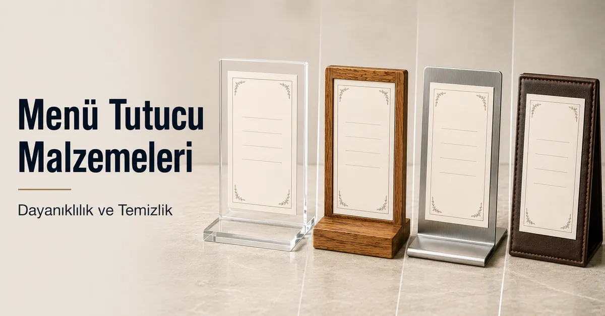 Akrilik, ahşap, metal ve deri görünümlü malzemelerden yapılmış menü tutucular