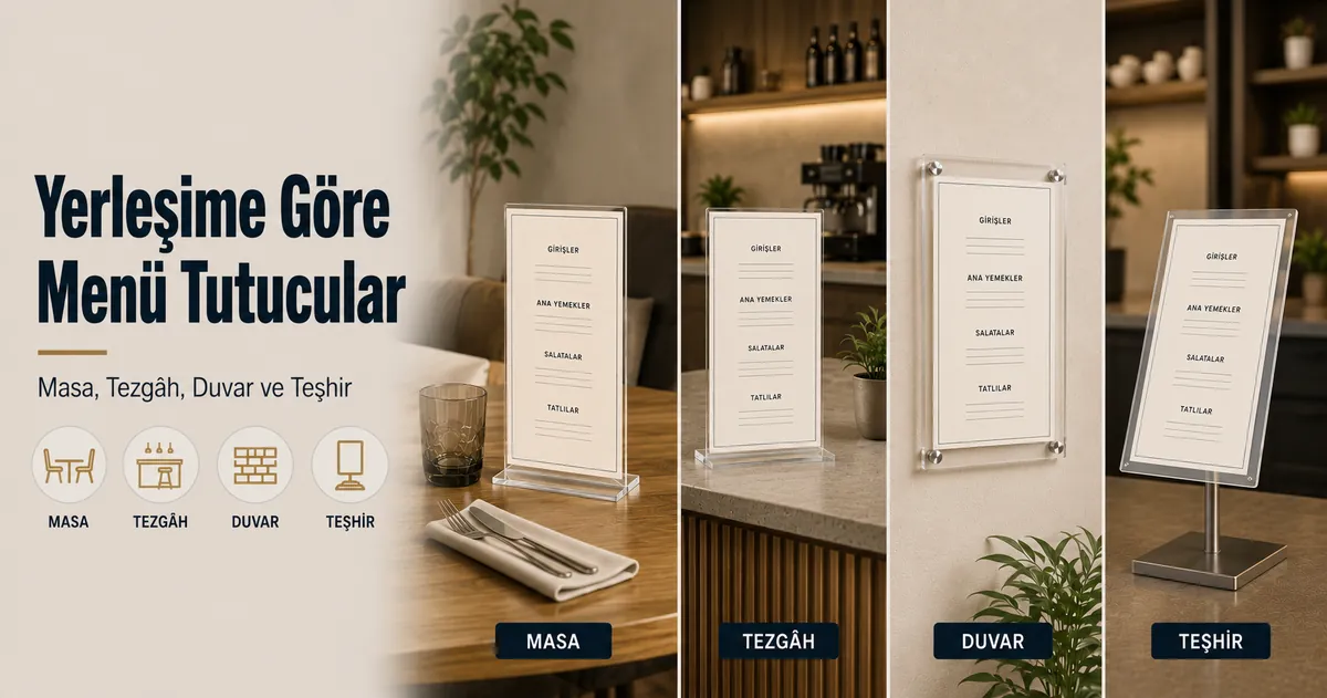Masa, tezgâh, duvar ve teşhir stantlarına yerleştirilmiş menü tutucular