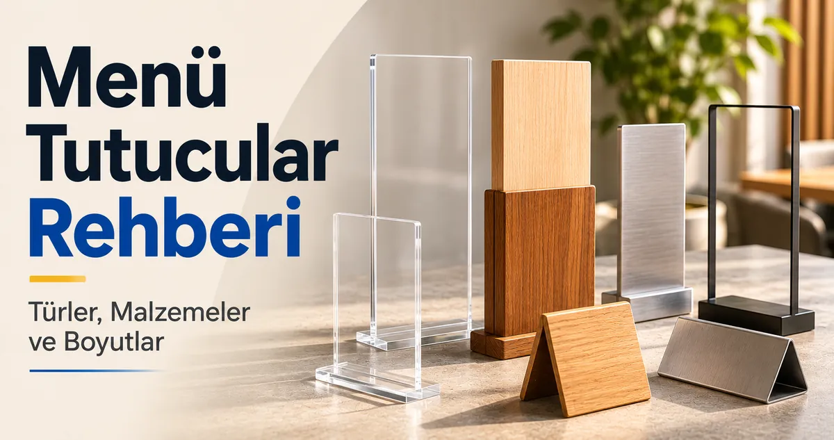 Farklı malzeme, boyut ve masa formatlarında sergilenen menü tutucular