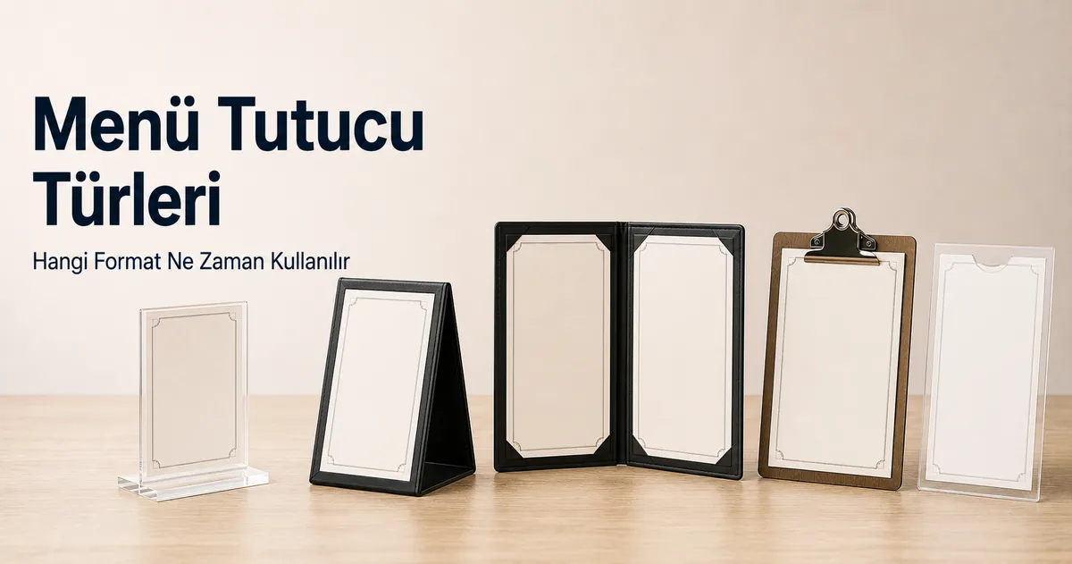 Masa stantları, kapaklar, klipsler ve ekler dahil farklı menü tutucu türleri